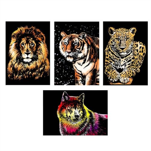 Aublinto kratzbilder basteln Kratzmalerei-Set Kratzbilder für Erwachsene Kratzpapier Set diy bastelset Scratch Painting Kunstdruckpapier mit Wildtieren Dschungeltiere mehrfarbiges Malset Größe A4