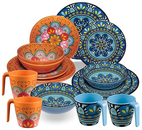 Melamin Geschirr Set Toskana Pastel für 4 Personen - 16 Teile - Orange-Blau - Mandala-Optik Spülmaschinengeeignet Essgeschirr Zubehör Campinggeschirr Wohnwagen Camping Festival Picknick Gartenparty