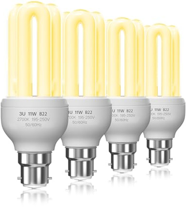 BrightArk Energy Saving Bulbs 11W Bayonet B22 Warm White 2700K, CFL Low Energy Light Bulbs 11W=60W, 3U CFL Compact Fluorescent Stick Bulbs, Non-Dimmable, 4 Pack