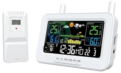SdaryWare Estación meteorológica, Despertador, termómetro e higrómetro con Sensor inalámbrico para Exteriores, Monitor de Temperatura y Humedad.