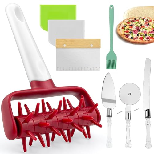 BITEFU 8 Stück Pizza-Zubehör-Set,1 Stippwalze Teigroller Mit Stacheln Aus Kunststoff,3 Pizza Schneider,3Teigschaber,1 Silikon Backpinsel,Geeignet für private und gewerbliche Küchen