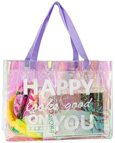 TotePrint vattentät strandväska med bokstavstryck och hologrameffekt (40 x 30 x 10 cm) – PVC regnbågsfärg strandväska för kvinnor 1-pack (Purple-D2094-4)