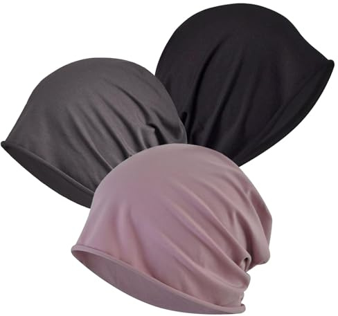 3er Pack Beanie Damen, Chemo Kopfbedeckung Damen, Baumwollmützen für Chemotherapie, Schlafmütze, Kopfbedeckung Chemo, Dünne Slouch Baumwolle Mütz, Atmungsaktive Mütze, Schwarz, Pink, Grau (Dünn)