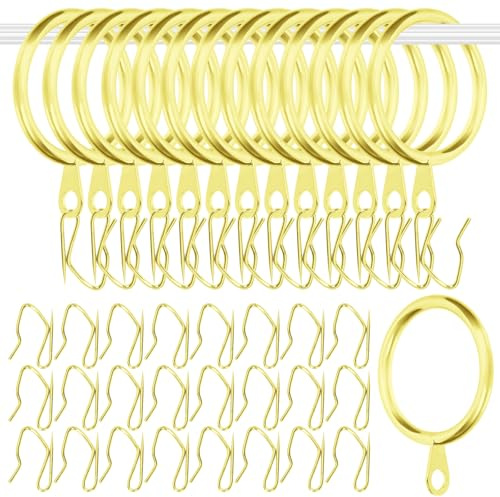 Glarks Lot de 30 anneaux de rideau de 42 mm en métal doré comprenant 30 anneaux de rideau et 30 crochets de rideau, oeillets coulissants pour fenêtres coulissantes pour portes de salle de bain