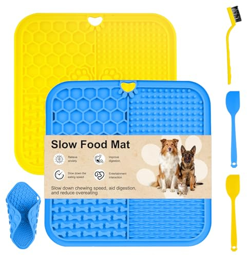 2 st. slickmattor för katt, 20 x 20 cm slickmatta hund slickmatta med sugkoppar, fodermatta för smör, yoghurt hundleksak, för långsam ätning, med spatel/borste