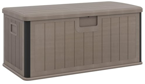 GiantexUK 380L Garden Storage Box, Waterproof Resin Deck Boxes with Lockable Sit-on Lid, Gas Strut & Handles, Wood Effect Outdoor Utility Chest Container for Patio Cushions Gardening Tools (Brown)