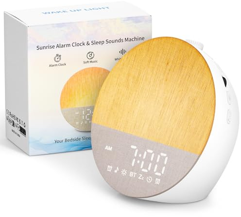 Uwithm Tageslichtwecker, Lichtwecker Sonnenaufgang Wecker Doppel, Wake Up Light, Bluetooth Lautsprecher, White Noise Machine mit 30 Beruhigende Klänge, 20 Helligkeit,18 Farben Dimmbare Nachttischlampe