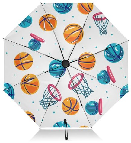 SUABO Basketball Balls Hoop Folding Umbrella Compact Travel Umbrella Automatic Open Close, Rain Windproof UV Protection Inverted Umbrellas for Women Men