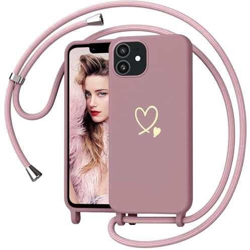 Yichxu Handyband für iPhone 12 Hülle mit Band, Herz Design Necklace Handyhülle zum Umhängen Kordel, Stoßfest Schutzhülle mit Kette, Weich TPU Liquid Silikon Case für iPhone 12, Rosa