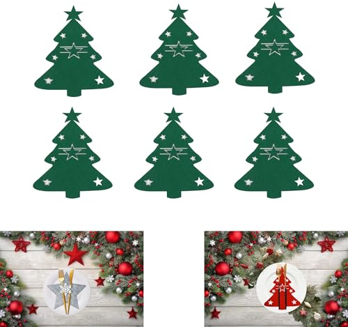 Will Like 6er,PackWeihnachtsBesteckhalterausFilz,BestecktascheninSternform,Besteckhalter,inWeihnachtsbaumform,Tischdekoration ((grüner Weihnachtsbaum))