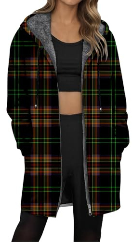 Generisch Manteau long à capuche pour femme avec carreaux écossais - Veste doublée en polaire avec fermeture éclair et motif tartan - Manteau d'hiver chaud et à carreaux pour l'automne, 4XL