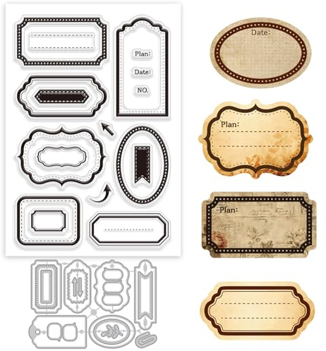 GLOBLELAND Retro Etikettenrahmen Silikonstempel und Stanzformen Set Für Kartenherstellung Rahmen Klare Stempel Und Stanzformen Set Für DIY Craft Scrapbooking Grußkartendekoration