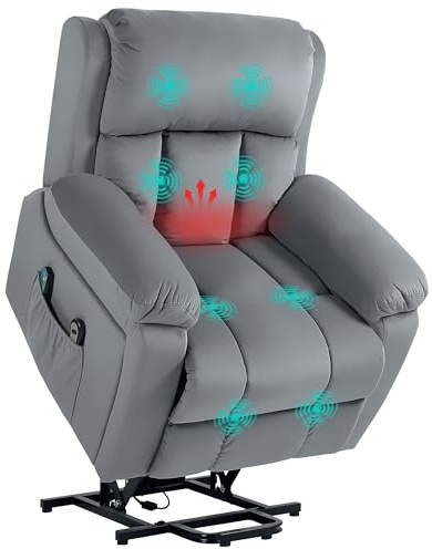 HOMCOM Sillón Relax Levanta Personas Eléctrico con 8 Puntos de Masaje Sillón Eléctrico Reclinable Función de Calor Asiento Extra Grande Bolsillo Lateral y Mando a Distancia Gris