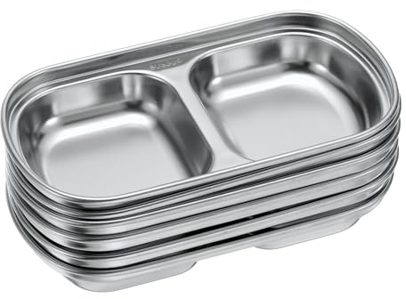 QUARKZMAN 6-pack rostfritt stål dip-skålar med 2 rektangulära uppdelade fack metall kryddskål dip-skål för kryddor hem fest restaurang picknick resor silver