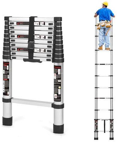 10.5 FT Telescoping Ladder, Lightweight Aluminum Telescopic Extension Extendable Ladder with Stabilizer Bar, Heavy Duty RV Ladder, Slow Down Design Multi-Purpose Ladder for Household Daily or Hobbies