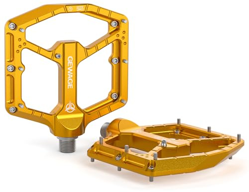 GEWAGE MTB pedaler professionell utgåva – CNC-aluminium, 9/16 tum kromoly-axel, 14 höjdjusterbara stift, ultratunn design utan ändlock, reservstift och verktyg (guld)