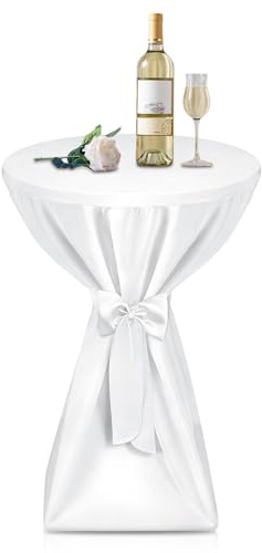 Premium Stehtischhussen 80 cm Blickdicht Weiß - Edle Microfaser Hussen Tischhussen für Stehtische 80cm Rutschfest Bügelfrei & Waschbar Stehtischüberzug Schleifenband, für Bistrotische Bartische