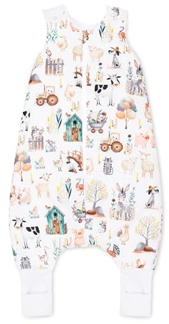 MBESZKA Baby Schlafsack mit Füßen 1.5 TOG Schlafsack Baby Baumwolle Ganzjahres Pucksack Baby 12-24 Monate Kinder Schlafsack mit Beinen Warm Antiallergisch Abnehmbare Füße Reißverschluss Bauernhof