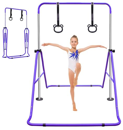 kowdom Barra de gimnasia para niños, altura regulable, 89-130 cm, color morado, con pie triangular antideslizante, plegable y portátil, barra de gimnasia para el hogar y al aire libre, principiantes y