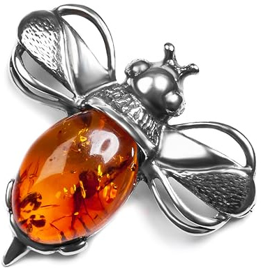 HENRYKA 925 Sterling Silver Bumble Bee Brooch with Orange Baltic Amber | Insect Jewellery Gifts for Women | Elegant & Detailed | Complete with Solid Silver Brooch Pin | Suits Any Outfit | 27 x 29 mm