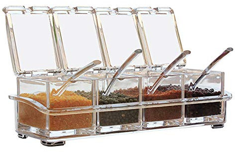 Caja de condimentos transparente, 4 unidades PS de plástico contenedor de almacenamiento transparente para especias con cuchara para cocina, uso doméstico, sal, azucarero, tarros de condimentos