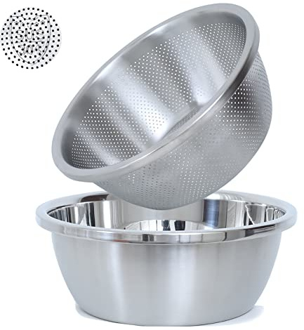 304 Stainless Steel Microporous Colander, 5QT Large Capacity with Mixing Bowl For washing vegetables, fruit and rice and for draining cooked pasta(2PC)