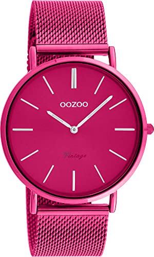 Oozoo Vintage Herren Uhr - Pinke Armbanduhr Damen mit 20mm Mesh Armband - Analoge Damen Armbanduhr in rund - C20275