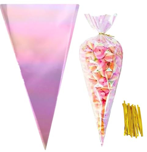 MAOUYWIEE Cellophane Treat Bags,50 Pieces Iridescent Holographic Cellophane Goody Bags Triangle Goody Bags with Twist Ties for Candies Handmade Cookies 6.3x11.8 inches