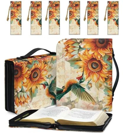 COEQINE Sonnenblumen-Bibelhüllen-Set, modische Bibelhülle, Bibelstudium, Zubehör mit weichem Ledereinband und 6 Lesezeichen für Damen, ästhetisches Kolibri-Bibelzubehör, 7 Stück