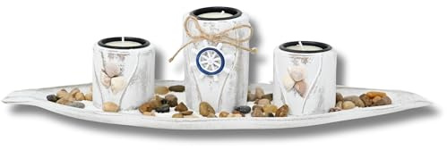damaloo Maritimes Teelichthalter Set mit Steuerrad – Maritime Deko Wohnzimmer, Badezimmer & Tischdeko – Teelicht Halter aus Holz mit Steinen – Dekoartikel für Wohnwagen - Kerzenhalter blau