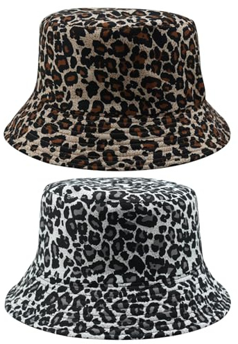 JSTHHTT 2 Pezzi Cappello da Pescatore Unisex, Stampa Leopardata Cappello Pescatore, Cappello da Pesca Reversibile, per Uomini e Donne, Vacanze, Escursionismo, Campeggio, Shopping