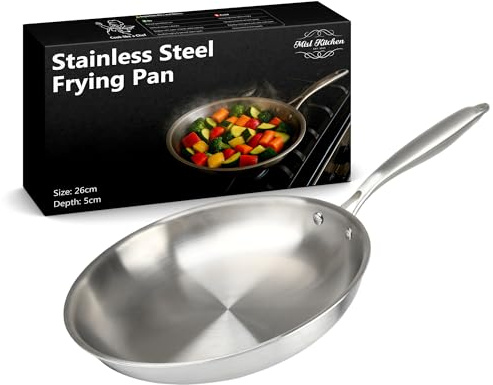 MISL HOME - Stainless Steel Pan - 3-Ply 26cm Frying Pan - Heavy Duty Stainless Steel Frying Pans with Firm Handle for Everyday Home Cooking and Searing - Ideal for Fish, Meats, and Family Meal