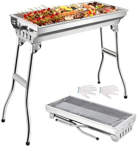 EOXCIIU Stainless Steel BBQ Portable Foldable Barbecue Stand - 95 x 29 x 71cm Large Lightweight Charcoal Barbecues Smoker with Gloves for Camping Beach Party & Outdoor Garden
