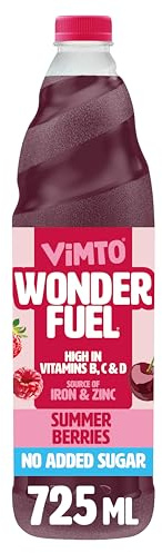 Vimto Wonderfuel Squash – No Added Sugar – Vitamins B, C & D – Iron & Zinc – 725ml – Breakfast Functional Drink – Summer Berries