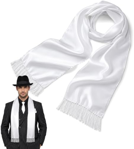 Mega_Jumble 1920's Gangster White Scarf with Tassels 20's Gatsby Mafia Long Shawl Theme Party Fancy Dress Costume Accessory for Men Women