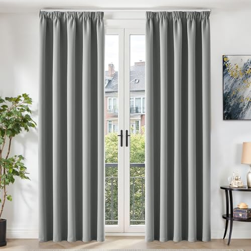 TOPICK Light Grey Blackout Bedroom Curtains 90 Inch Extra Long, Thermal Insulated Pencil Pleat Curtains for Sliding Door, Noise Reducing Drapes for Living Room, W66 x L90 Inch, 2 Panels