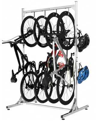 LUMREK Alumium Alloy Freestanding Bike Rack for 4 Bikes, Vertical Bike Storage Stand with 4 Bike Hooks for Heavy Duty & 2 Hooks for Tool Room Garage Storage Room Indoor Outdoor
