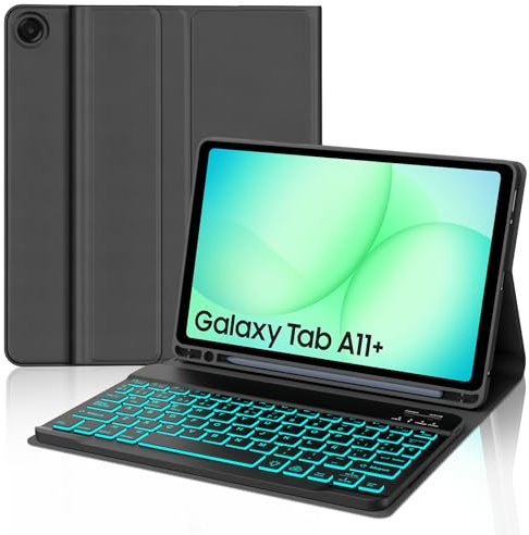 SENGBIRCH Funda con Teclado para Samsung Galaxy Tab A11 Plus 2025, Teclado para Samsung A9 Plus, Español Ñ Bluetooth Desmontable Retroiluminación Keyboard Galaxy Tab A9+ / A11+ 11 Pulgadas, Negro