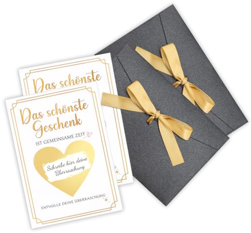 WALLFID Rubbelkarte 2er Set – Das schönste Geschenk ist gemeinsame Zeit – personalisierbare Überraschungskarte mit Gutschein-Funktion, 2 Umschläge & Rubbelstickern
