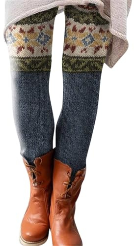 Leggings Women's Colourful Patterned Warm Jogging Bottoms Women's Warm Winter Cotton Knitted Leggings Norwegian Pattern Winter Leggings High Waist Thermal Leggings Stretch Tights Fair Isle Leggings