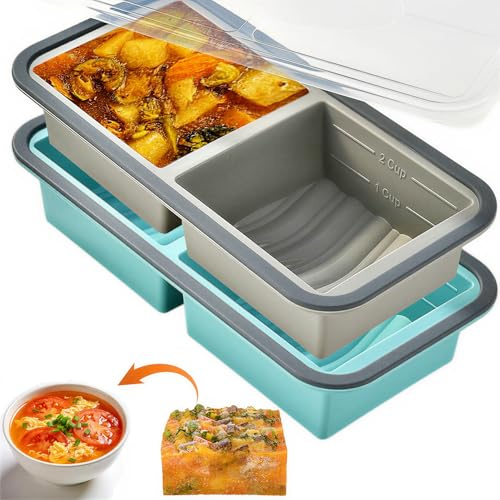 2 Pack Silicone Soup Freezer Moulds, Soup Freezer Containers, Freezer Tray | Ice Cube Tray with Lids & Reinforced Steel Ring Top, for Storing 82ml/150ml Soup, Leftovers, Sauce, Makes 12 3/5-Cup Portions