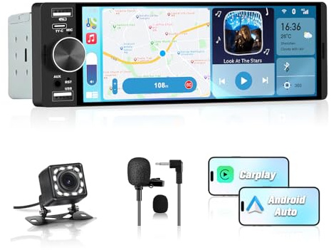 Junsun Autoradio 1 DIN avec Écran Tactile 6,36, Compatible CarPlay & Android Auto, Bluetooth, GPS, FM, Charge Type-C, 2 USB, Microphone, Égaliseur, Commandes au Volant