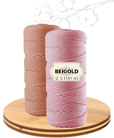 BEIGOLD makramégarn uppsättning av 2 rosa och lax, 3 mm diameter, 100 m per rulle, bomullsblandning för gör-det-själv-hantverk och makramékonst, 200 m total längd
