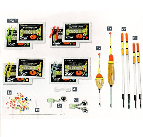 Crivit Knicklichter zum Angeln Posen Set 66 Teile Nachtangeln Angelzubehör Tackle Box Ködernadel Schnurstopper Aal-Glocken Bissanzeiger