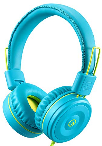noot products Kids Headphones K22 Foldable Stereo Tangle-Free 5ft Long Cord 3.5mm Jack Plug in Wired On-Ear Headset for iPad/Amazon Kindle Fire/Boys/Girls/Laptop/School/Tablet (Teal/Lime)