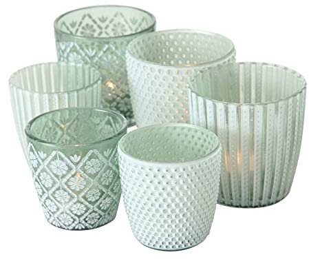 BOLTZE 6X Windlicht Patty Grün Höhe 7-9cm Teelichthalter Kerze Skandinavisch