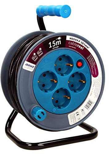 Orno AE-1339 Mini Kabeltrommel 15m mit 4 Steckdosen, Metallständer und Thermoschutz || 2300W / 10A, 230V~, 50Hz || 18 x 24.5 x 14 cm (Blau)