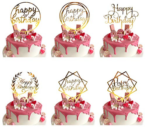 6 Pcs Happy Birthday Cake Topper, Gold Geburtstag Kuchen Topper/Tortenstecker für Geburtstagsdeko, Acryl Cupcake Topper für Kindergeburtstag Baby Shower Tortendeko/Kuchendeko Glitzer Party Dekoration