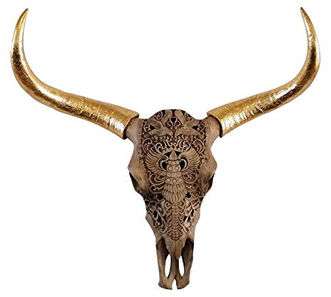 MichaelNoll Cabeza de Toro, Cabeza de Toro, Calavera, Cuernos, decoración de Pared, poliresina, Oro, Grande, Moderna de Pared para Dormitorio o Sala de Estar, decoración Decorativa - XXL 72 cm