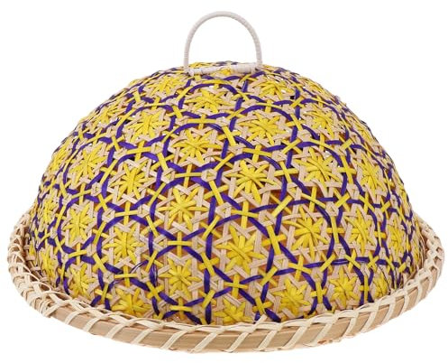Happyyami Hand- Woven Round Rattan Serving Tray with Food Dome Lid Cover for Snack Bread Fruit Dessert Indoor Outdoor